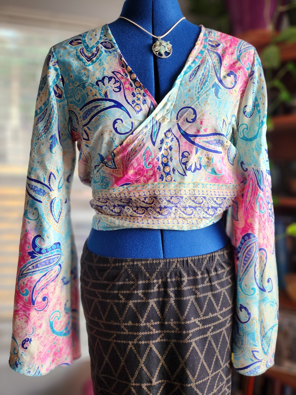 Wayan Paisley Wrap Top Boho Bell Sleeve Blue Pink Painted Gold Metallic